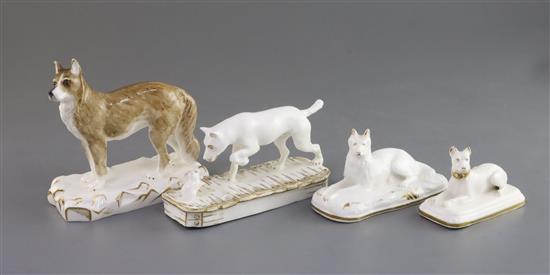 Four Grainger Lee & Co. porcelain figures of dogs, c.1820-37, L. 8.2cm -14cm, slight faults